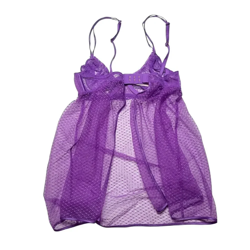 Victoria's Secret Peekaboo Mesh Open-Cup Babydoll Set Purple Tease Size XS
